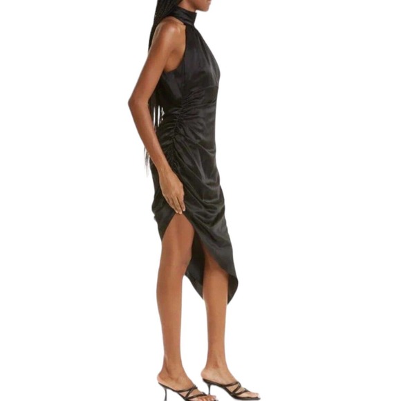 NWD Cinq A Sept Naya Black Silk Ruched Asymmetric Silk High Neck Dress Sz 2 - Picture 2 of 12